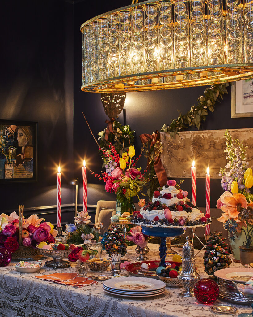 detail photo of dark dining room with bright deserts on table
