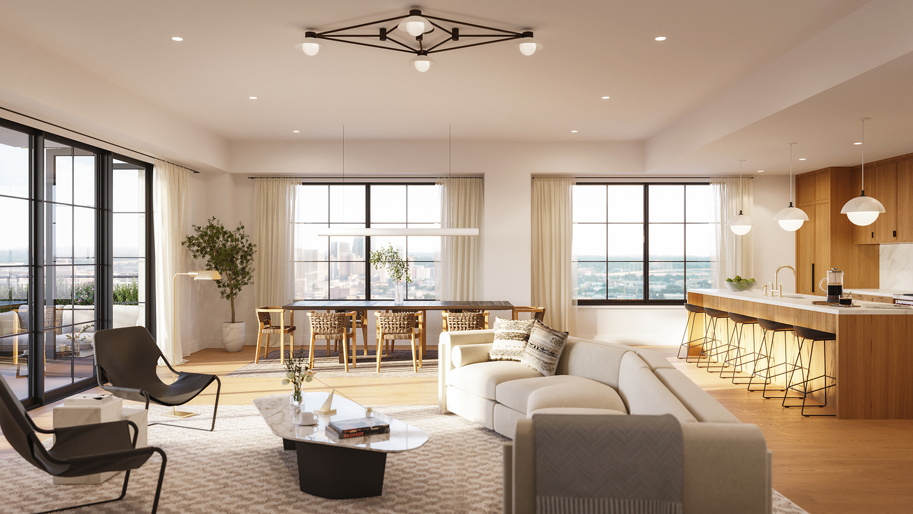 Open floor plan living room/dining room and kitchen on The Tramont condos