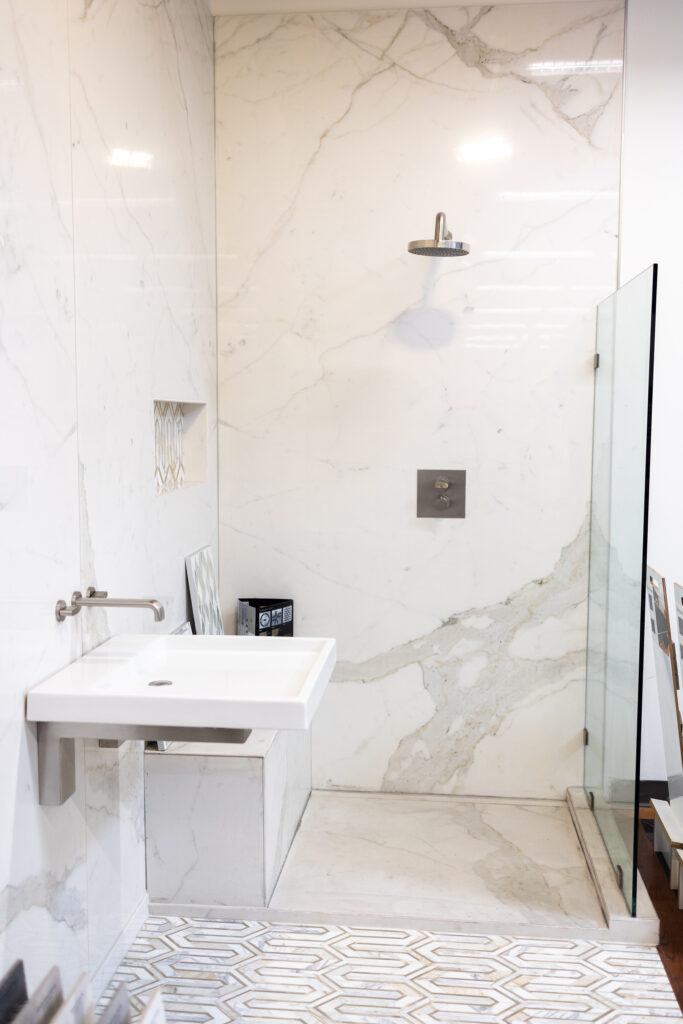 Examples of tile usage in mock up bathroom