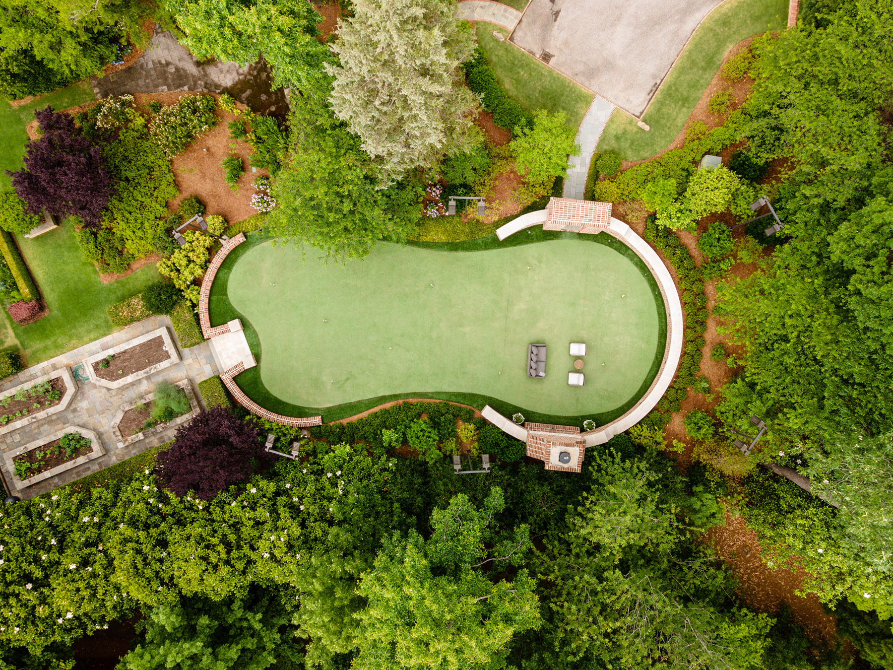 Aerial photo of backyard putting green