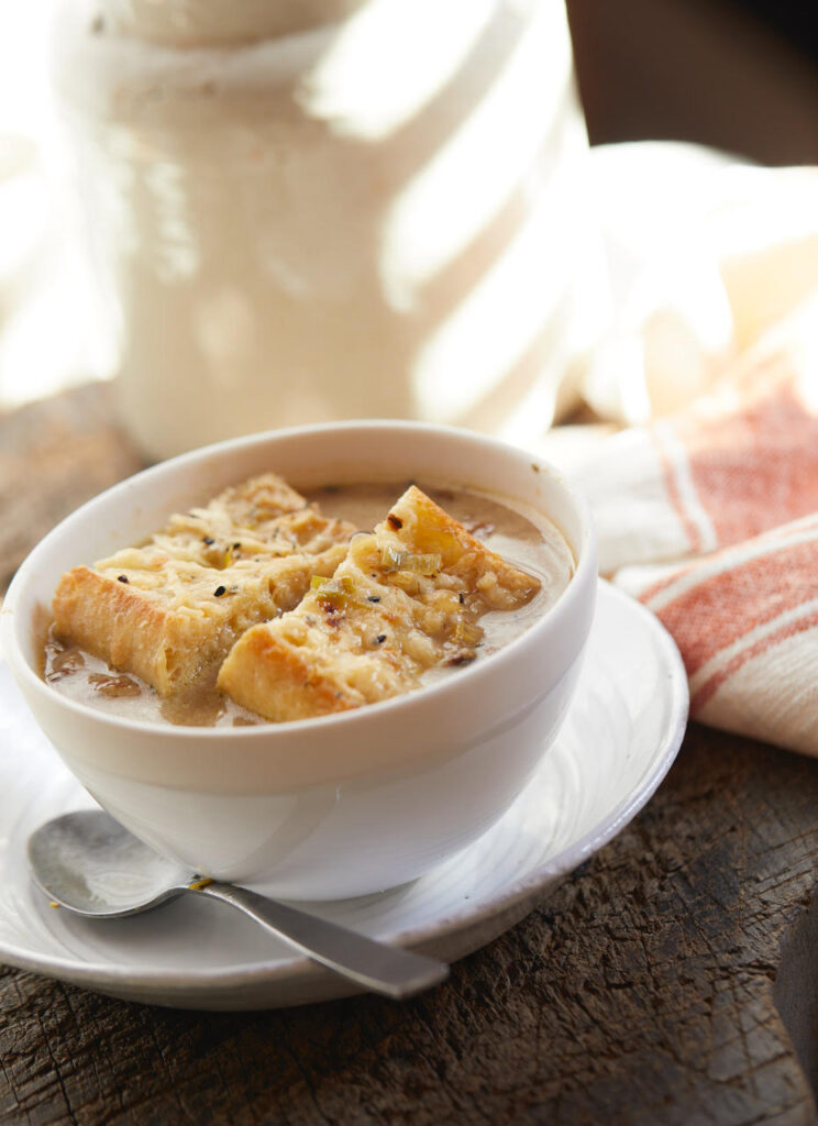 Potato, leek, and mushroom soup by chef Steve carpenter owner of Andiamo Lodge.