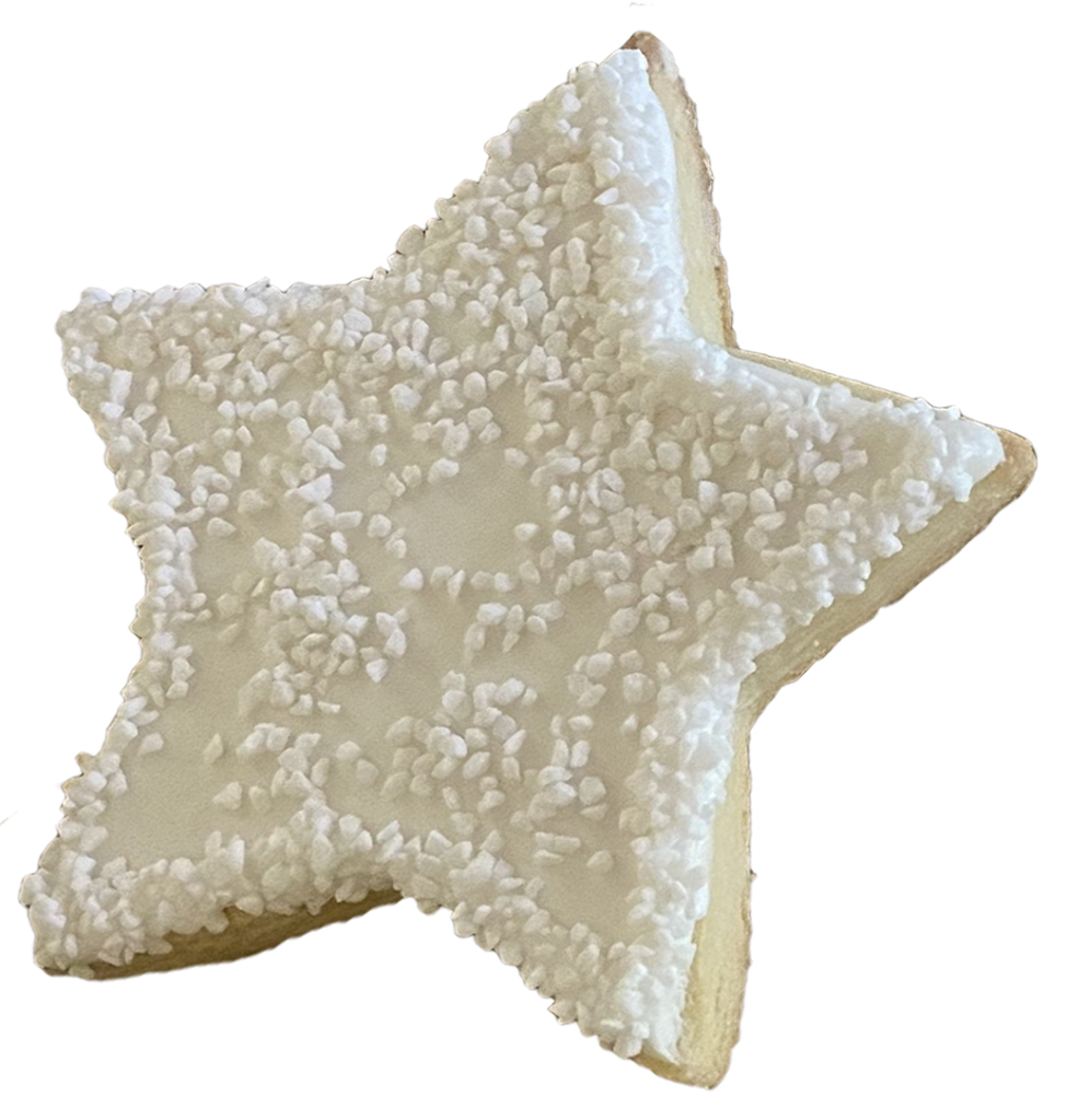 Star shaped sugar cookie with iridescent white icing and sprinkles