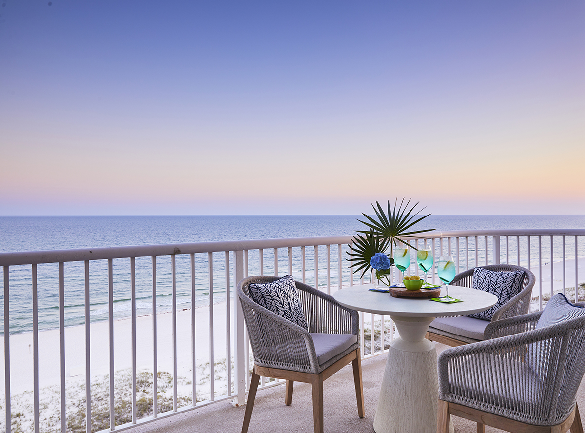Balcony overlooking the Gulf of Mexico with its snow-white beaches and crystal blue waters.