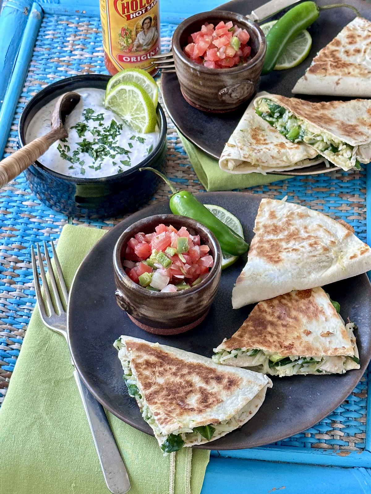 Chicken, Spinach, and Green Rice Quesadillas